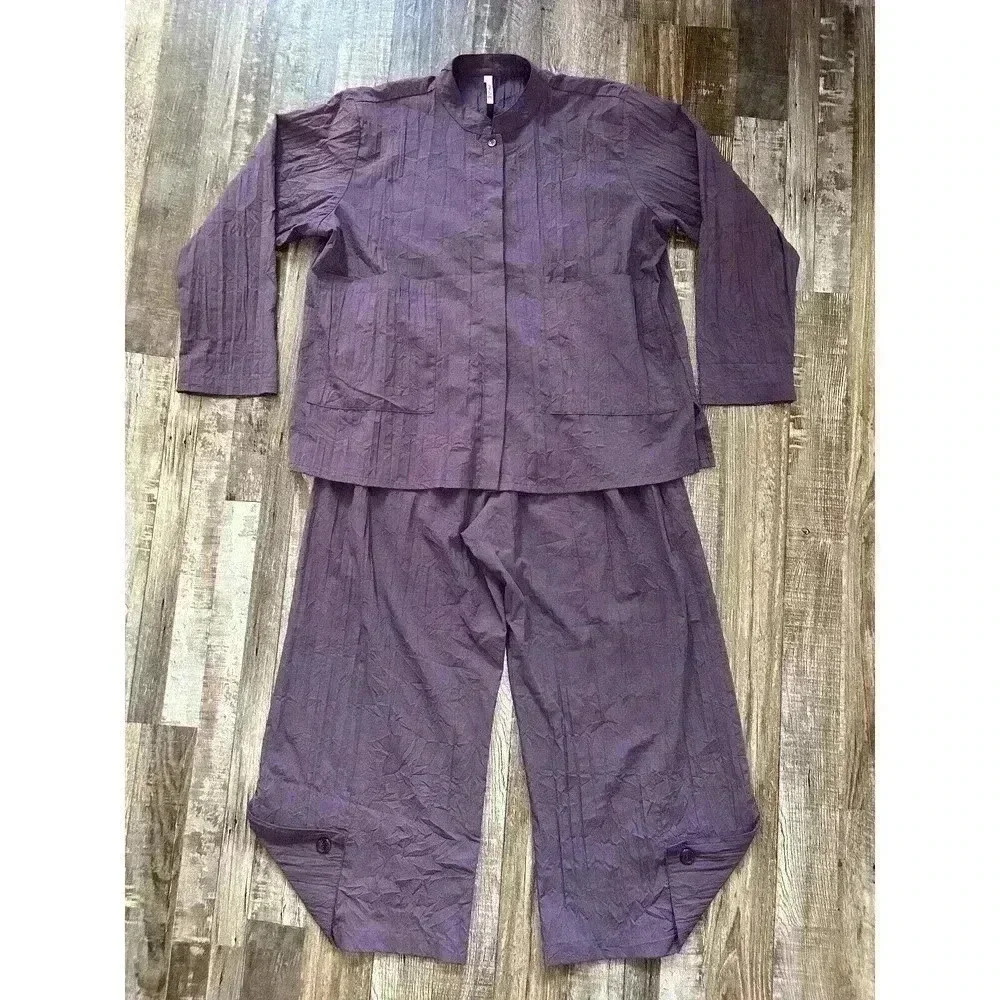 Blanque Plum Wide Leg Lagenlook Crepe Top Shirt Blouse & Pants Outfit Sz 1/0/M